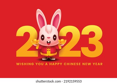 Rabbit Chinese New Year 2023. Cartoon happy rabbit wearing traditional costume with greeting hand stand in big gold colour2023 numbers sign. Year of the Rabbit. Rabbit year zodiac vector