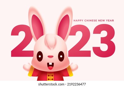 Rabbit Chinese New Year 2023. Cartoon cute rabbit greeting hand close up with big 2023 numbers sign. Year of the Rabbit.