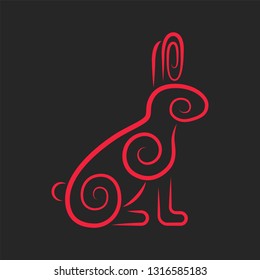 Rabbit chinese style with twirl and spiral in outline isolated