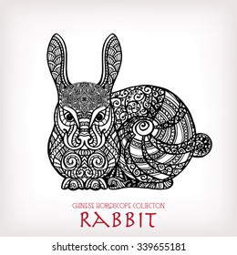 Rabbit. Chinese zodiac collection. Decorative outline hand drawn in zentangle style. Black and white.