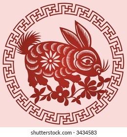 RABBIT Chinese Zodiac Sign in paper cutting style (Vector)