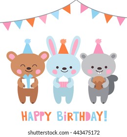 Rabbit, Chipmunk and Bear  at a birthday party. Birthday card. Cute animals present gifts.