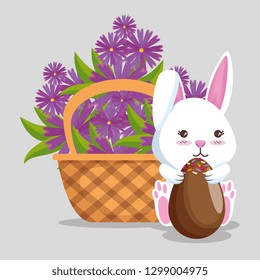 rabbit with chocolate eggs and flowers inside basket