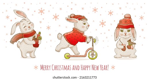 Rabbit Christmas. Bunny New year. Chinese 2023 happy year vector. Cute Christmas winter animal background. Adorable snow hare banner card. Cartoon sketch xmas holiday rabbit in sweater. White bunny
