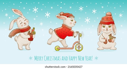 Rabbit Christmas. Bunny New year. Chinese 2023 happy year vector. Cute Christmas winter animal background. Adorable snow hare banner card. Cartoon sketch xmas holiday rabbit in sweater. White bunny