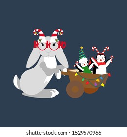 Rabbit in christmas costume on the blue background. Vector illustration