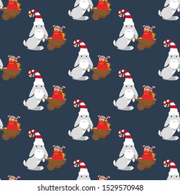 Rabbit in christmas costume seamless pattern on the blue background. Vector illustration