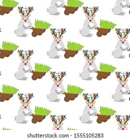 Rabbit in christmas costume seamless pattern on the white background. Vector illustration