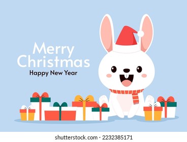 Rabbit in Christmas day. Christmas shoping cart with gifts box. Vector illustration.
