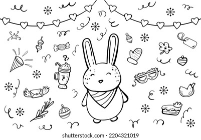 Rabbit and Christmas Decorations, Water Doodle Party Coloring Book in Cartoon Style