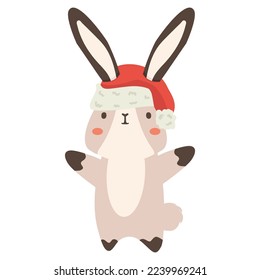 rabbit in a Christmas hat and snow cartoon