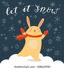 Rabbit christmas illustration with hand drawn sing - Let it snow.