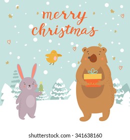 Rabbit with christmas tree, bird and bear with a gift. Christmas illustration with hand drawn sing Merry Christmas.