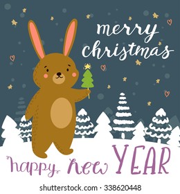 Rabbit with christmas tree christmas illustration with hand drawn sing Merry Christmas and happy new year.
