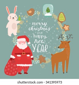 Rabbit with christmas tree, Santa Clause and deer. Christmas illustration with hand drawn sing Merry Christmas. 