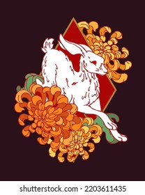 Rabbit with chrysanthemum on frame. Symbol of Chinese new year and Mid Autumn Festival. Jumping bunny in tradition style. 