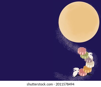 The rabbit claims on the mooncake reach out the moon underneath the moonlight scene. Full moon night and rabbit. Mid autumn festival vector illustration background.  