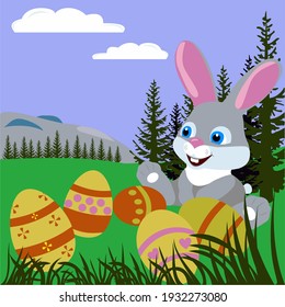 a rabbit in a clearing with Easter eggs on the background of a spruce forest and mountains