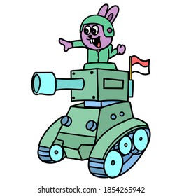 The rabbit climbs the tank ready for battle. vector illustration of cartoon doodle sticker draw