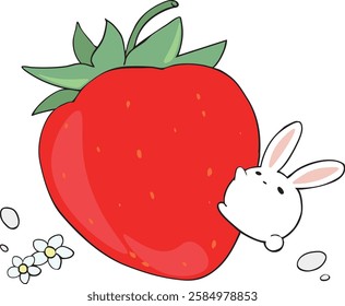 A rabbit clinging to a strawberry.