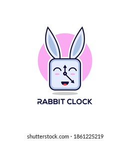 Rabbit clock logo with flat and cute style, perfect for watch company logos, watch shops, watch accessories, icons, mascots, characters. in eps10