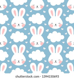 Rabbit and cloud Seamless Pattern Background, Scandinavian Happy bunny with cloud, star for baby. cartoon rabbit vector illustration for kids nordic background