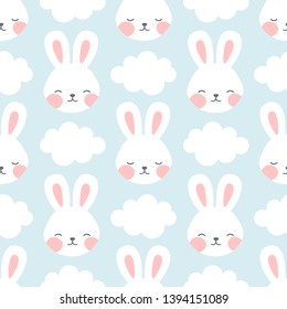 Rabbit and cloud Seamless Pattern Background, Scandinavian Happy bunny with cloud, star for baby. cartoon rabbit vector illustration for kids nordic background