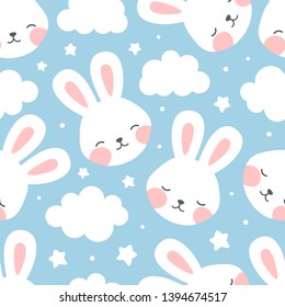 Rabbit and cloud Seamless Pattern Background, Scandinavian Happy bunny with cloud, star for baby. cartoon rabbit vector illustration for kids nordic background