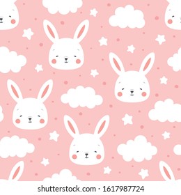 Rabbit and cloud Seamless Pattern Background, Scandinavian Happy bunny with cloud, star for baby. cartoon rabbit vector illustration for kids nordic background