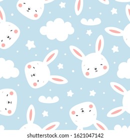 Rabbit and cloud Seamless Pattern Background, Scandinavian Happy bunny with cloud, star for baby. cartoon rabbit vector illustration for kids nordic background