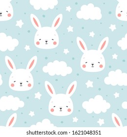 Rabbit and cloud Seamless Pattern Background, Scandinavian Happy bunny with cloud, star for baby. cartoon rabbit vector illustration for kids nordic background