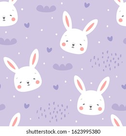 Rabbit and cloud Seamless Pattern Background, Scandinavian Happy bunny with cloud, star for baby. cartoon rabbit vector illustration for kids nordic background