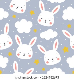 Rabbit and cloud Seamless Pattern Background, Scandinavian Happy bunny with cloud, star for baby. cartoon rabbit vector illustration for kids nordic background