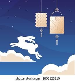 rabbit with clouds and lanterns design, Happy mid autumn harvest festival oriental chinese and celebration theme Vector illustration