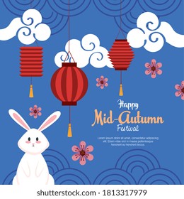 rabbit with clouds and lanterns design, Happy mid autumn harvest festival oriental chinese and celebration theme Vector illustration