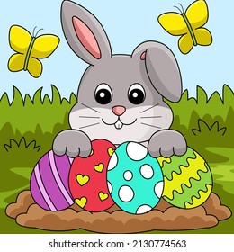 Rabbit Collecting Easter Egg Colored Illustration