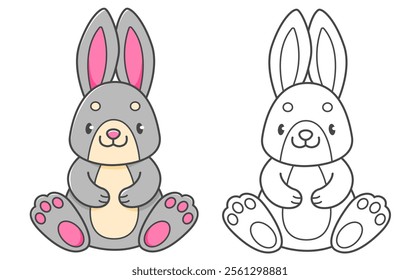 Rabbit coloring book with coloring example for kids. Coloring page with cute bunny. Black and white and color version. Vector children's illustration.