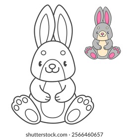 Rabbit coloring book with coloring example for kids. Coloring page with cute bunny. Black and white and color version. Vector children's illustration.