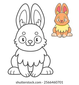 Rabbit coloring book with coloring example for kids. Coloring page with cute bunny. Black and white and color version. Vector children's illustration.