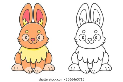 Rabbit coloring book with coloring example for kids. Coloring page with cute bunny. Black and white and color version. Vector children's illustration.