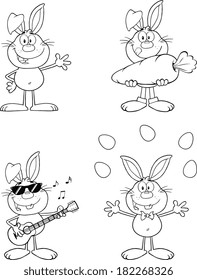 Rabbit Coloring Cartoons 4. Set Vector Collection