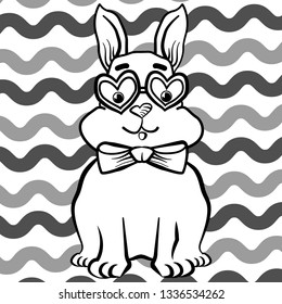 Rabbit for coloring. Cute cartoon animal with glasses heart and bow tie. Striped background 