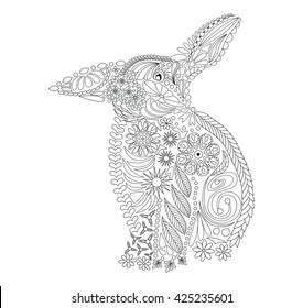 rabbit coloring. Ethnic floral Doodle pattern Doodle. Coloring - zendala, design for spiritual vacations for adults, vector illustration isolated on white background. Black. Zen doodles.