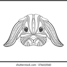 Rabbit coloring outlines in boho style. Ethnic hare. Tagged with cute bunny print on T-shirts, covers, postcards.  Tattoo design. Textile, 