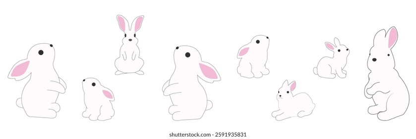 Rabbit Coloring Page.Cute white bunny rabbit outline sketch vector illustration․Set of rabbits for children's illustrations.for Easter design.