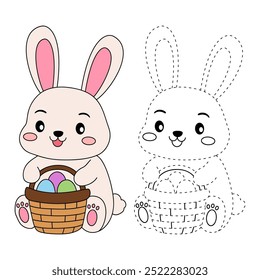 Rabbit coloring pages for kids. Trace and color rabbit. A cute rabbit easter animals vector. Rabbit outline. Coloring book for kids. Kindergarten and preschool worksheets printable for kids. 