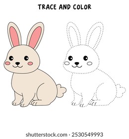 Rabbit coloring pages for kids. Trace and color Rabbit. Cute Rabbit animal flashcard for kids vector illustration. Letters R is for Rabbit. Kindergarten and preschool worksheets printable for kids.
