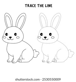 Rabbit coloring pages for kids. Trace and color Rabbit. Cute Rabbit animal flashcard for kids vector illustration. Letters R is for Rabbit. Kindergarten and preschool worksheets printable for kids.