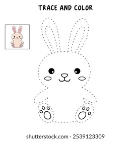 Rabbit coloring pages for kids. Trace and color cute rabbit. Rabbit animal flashcard. Cute rabbit easter isolated on white background. Kindergarten and preschool worksheets printable for kids. 