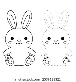 Rabbit coloring pages for kids. Trace and color cute rabbit. Rabbit animal flashcard. Cute rabbit easter isolated on white background. Kindergarten and preschool worksheets printable for kids. 